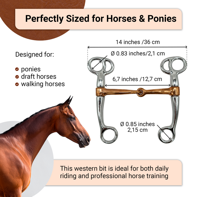 Western Horse Bit Mouth Snaffle 5", Chrome-Plated, Rust-Resistant Copper Middle, Training Bit