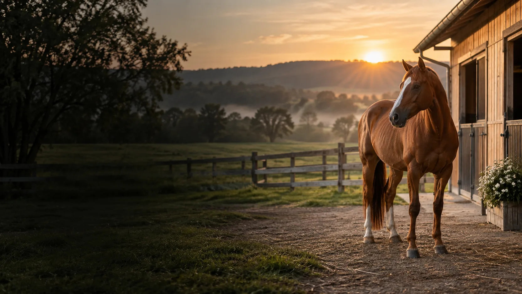 Chestnut horse beside a stable at sunrise