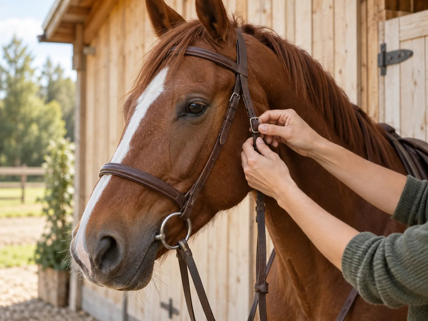 A person carefully adjusts tack on a chestnut horse
